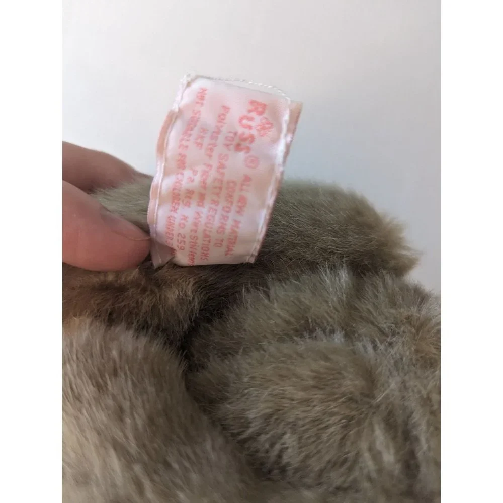 Russ Misty jointed stuffed rabbit pink ribbon flower w/shall tan beige fur 6‎ in